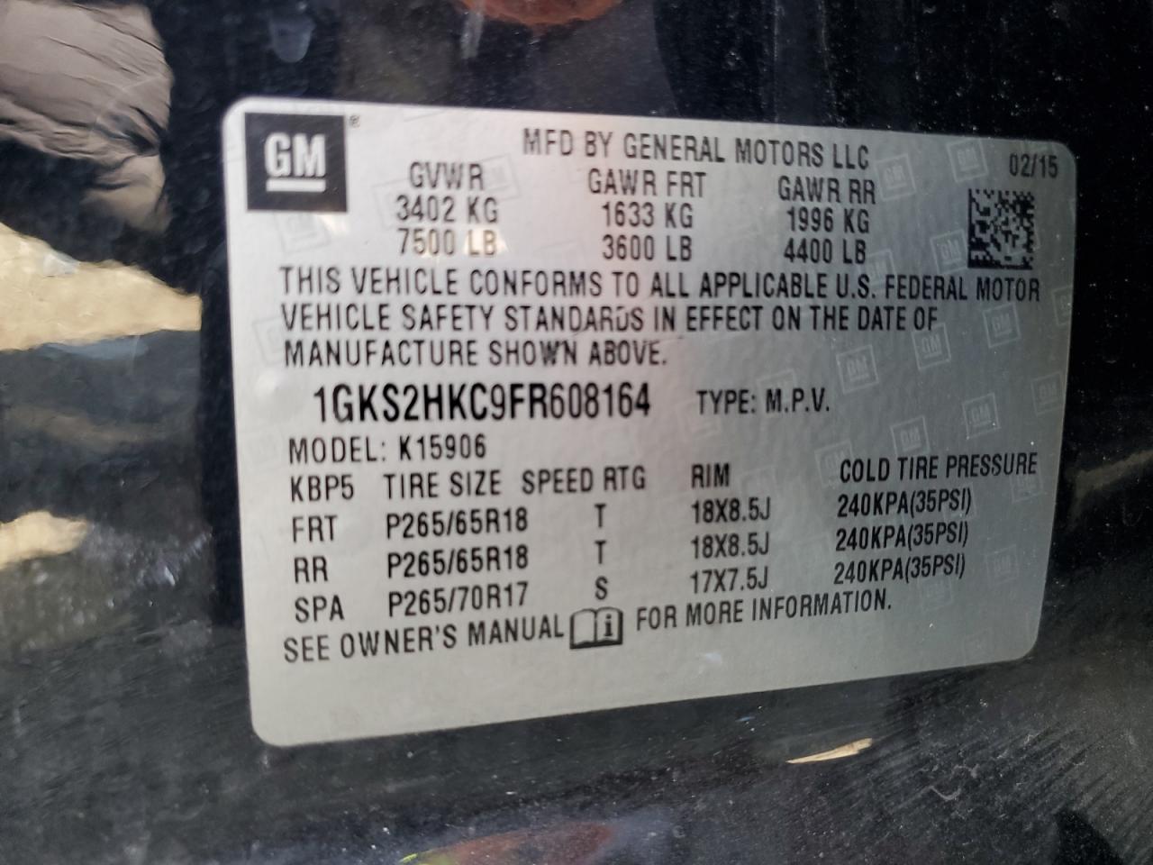 2015 GMC Yukon Xl K1500 Slt VIN: 1GKS2HKC9FR608164 Lot: 70513155