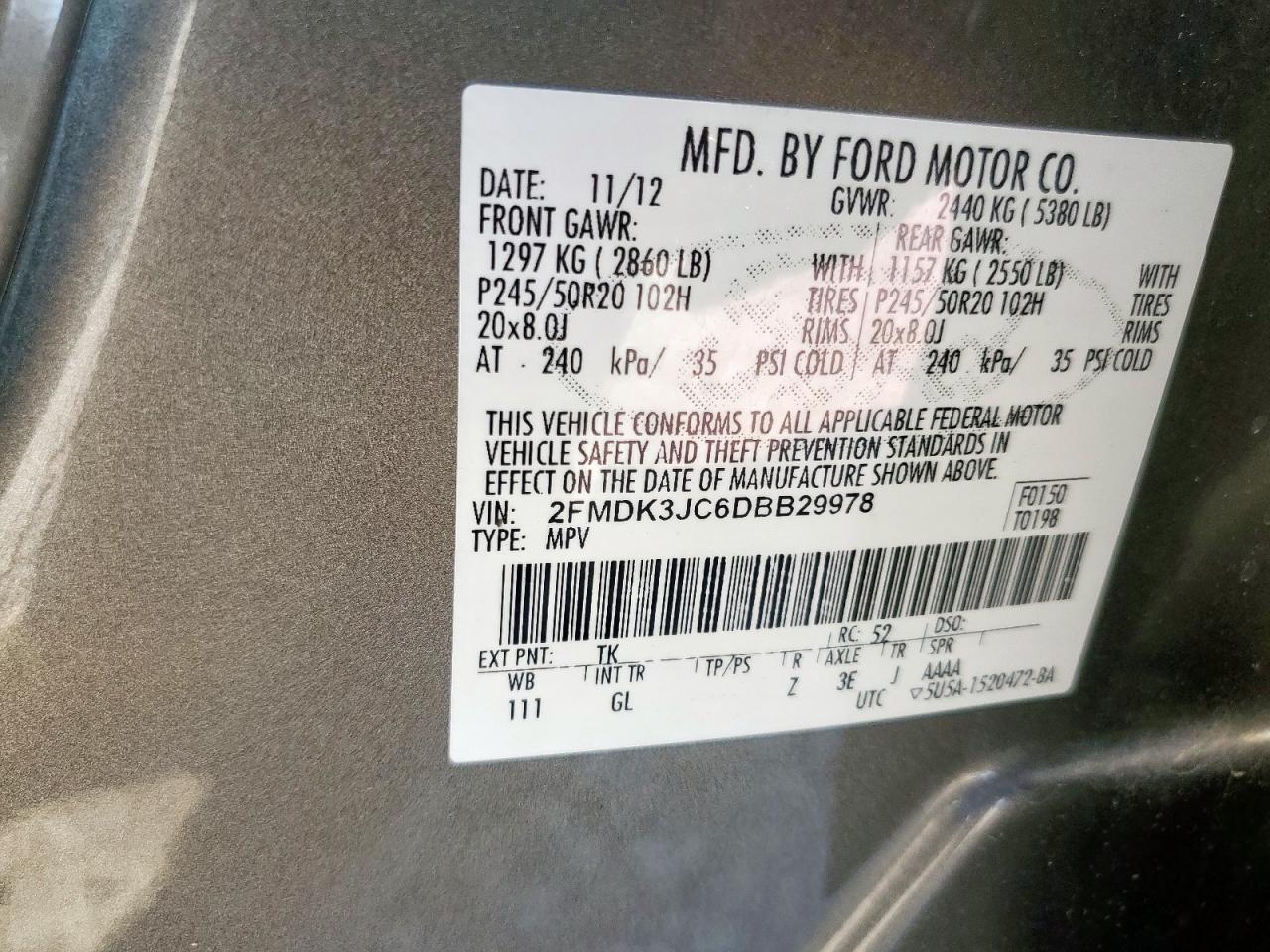 2013 Ford Edge Sel VIN: 2FMDK3JC6DBB29978 Lot: 84017785