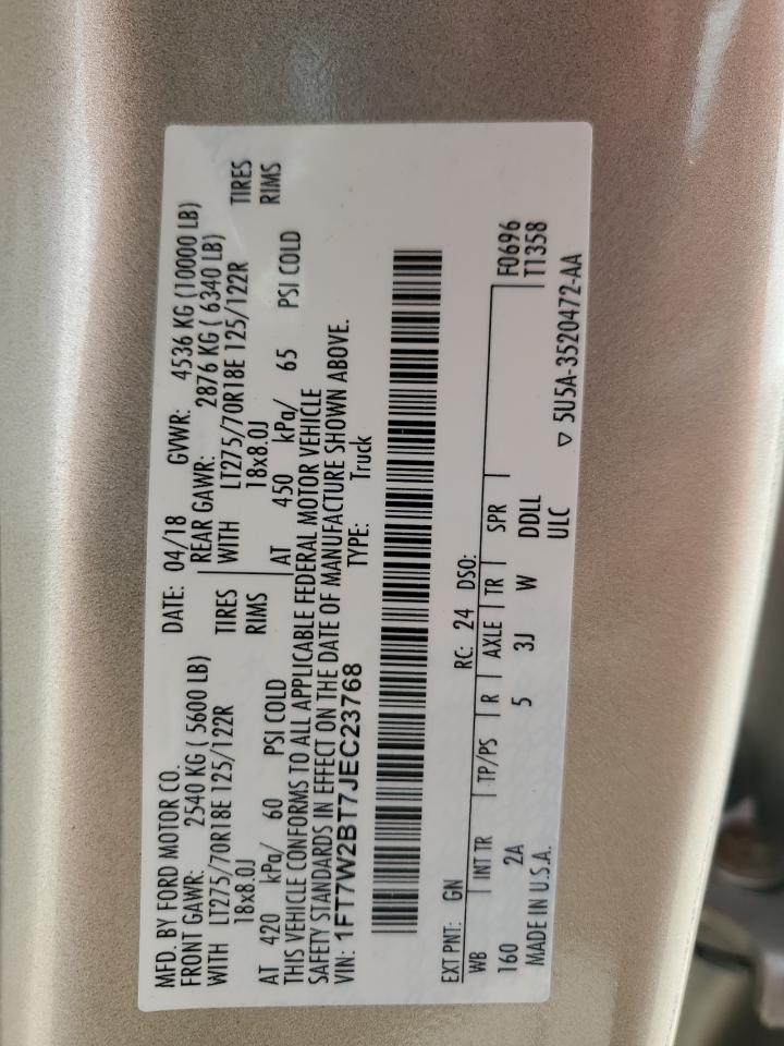 2018 Ford F250 Super Duty VIN: 1FT7W2BT7JEC23768 Lot: 71059475