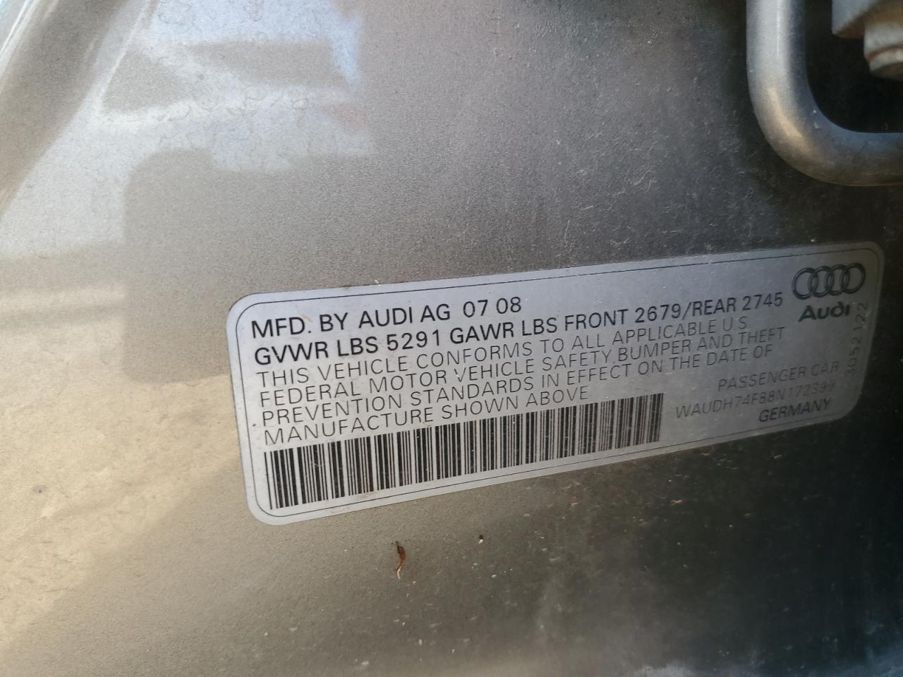 2008 Audi A6 3.2 Quattro VIN: WAUDH74F88N172399 Lot: 69682755