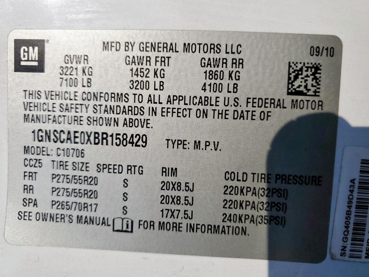 2011 Chevrolet Tahoe C1500 Ls VIN: 1GNSCAE0XBR158429 Lot: 69422905