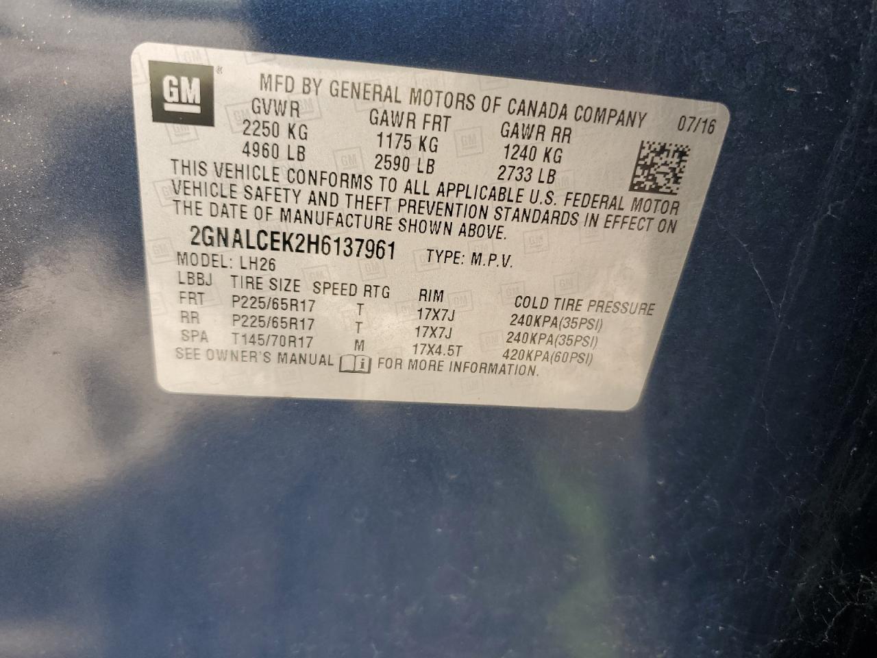 2017 Chevrolet Equinox Lt VIN: 2GNALCEK2H6137961 Lot: 69678865