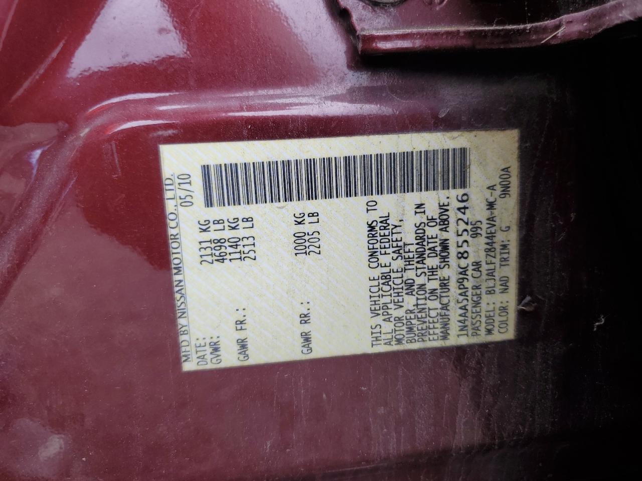 2010 Nissan Maxima S VIN: 1N4AA5AP9AC855246 Lot: 67528995