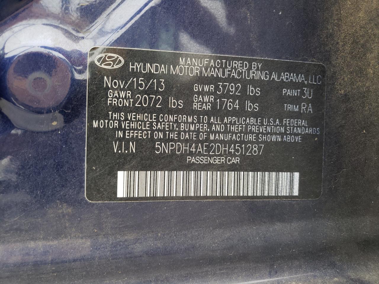 2013 Hyundai Elantra Gls VIN: 5NPDH4AE2DH451287 Lot: 69120235