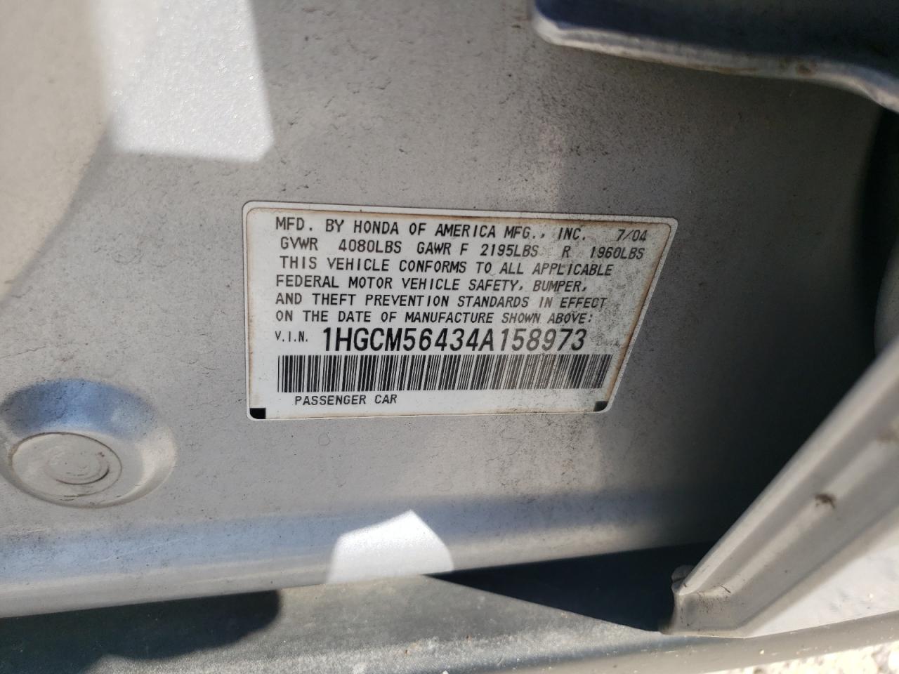 2004 Honda Accord Lx VIN: 1HGCM56434A158973 Lot: 68196635