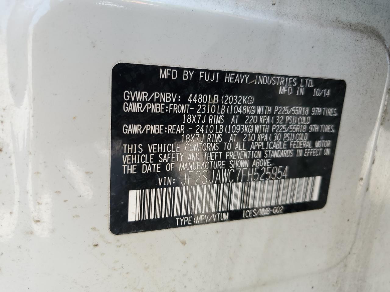 2015 Subaru Forester 2.5I Touring VIN: JF2SJAWC7FH525954 Lot: 68989595