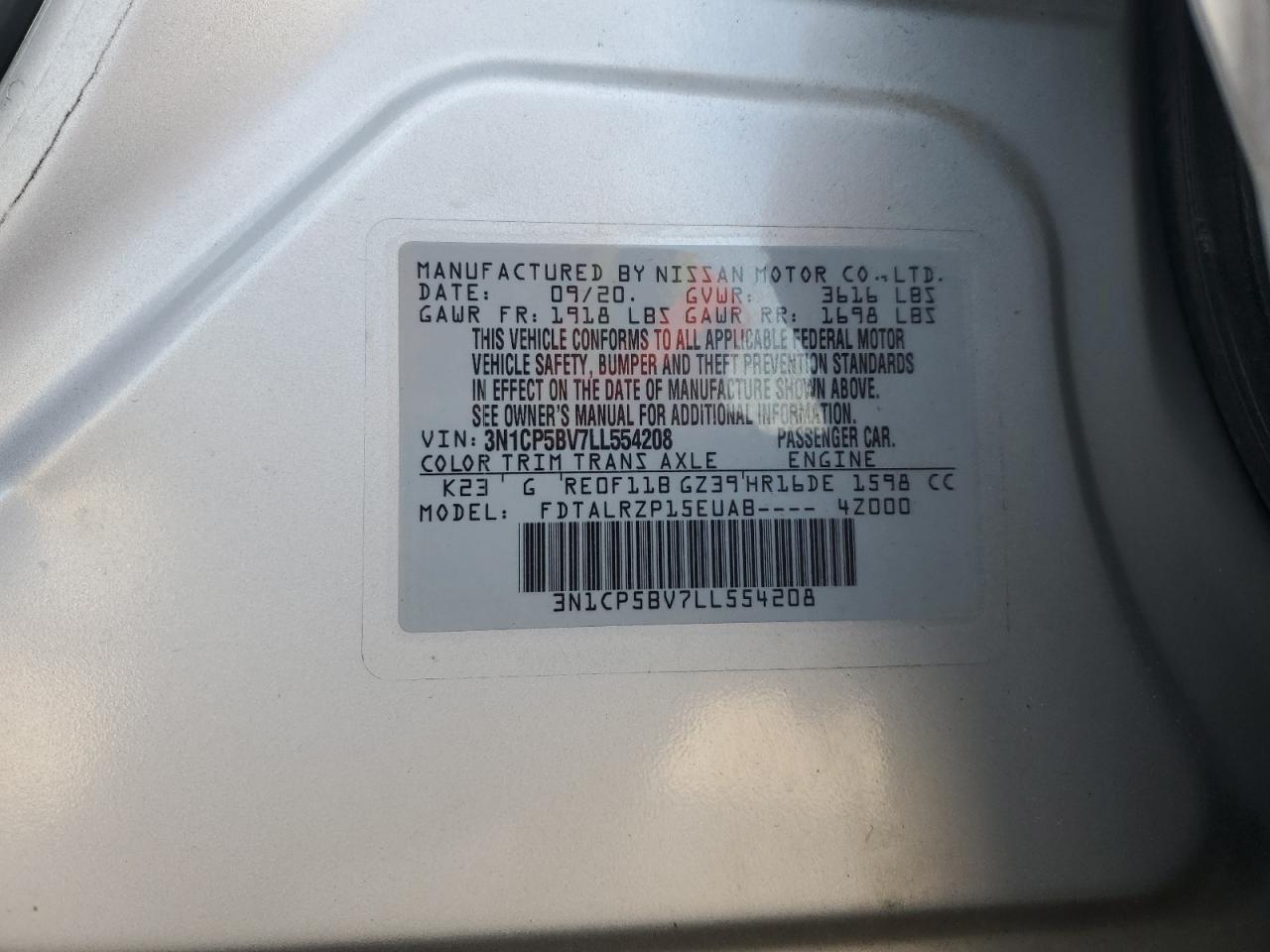 2020 Nissan Kicks S VIN: 3N1CP5BV7LL554208 Lot: 69652445