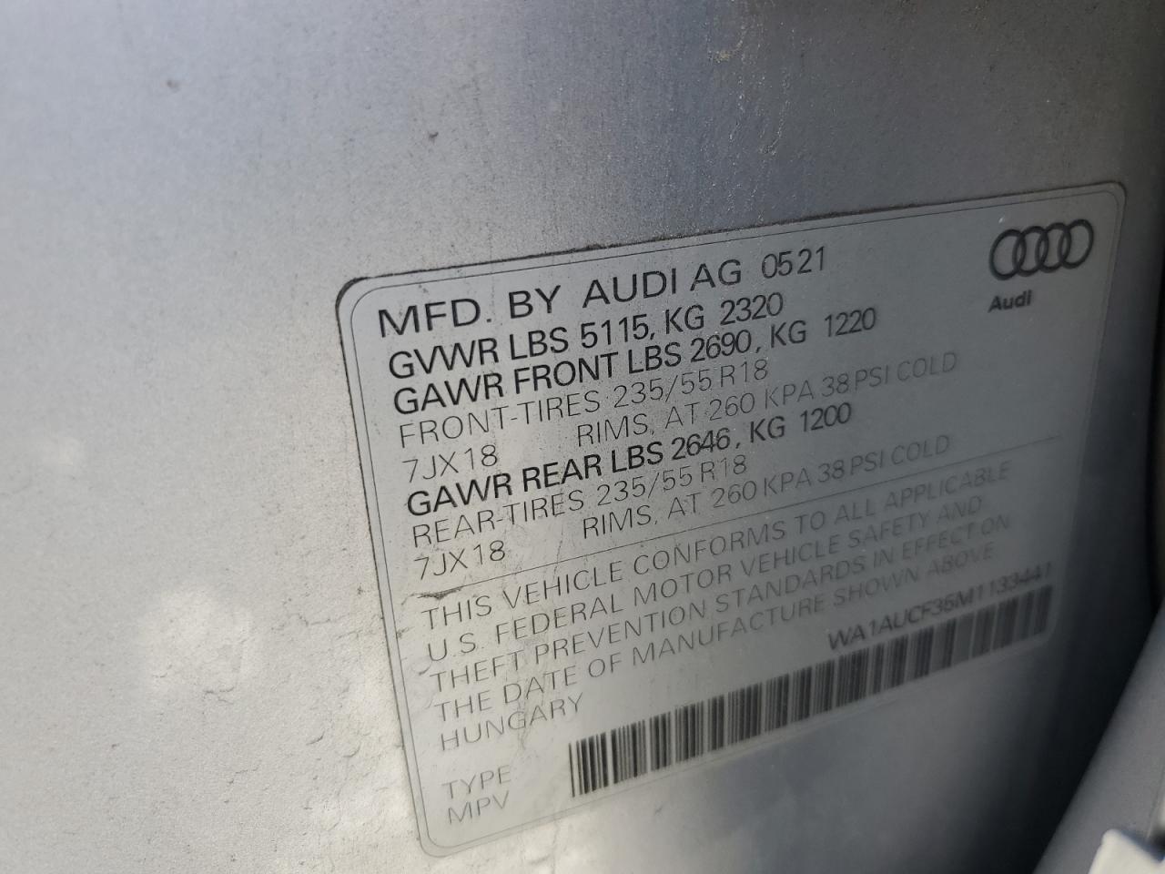 2021 Audi Q3 Premium 40 VIN: WA1AUCF35M1133441 Lot: 69728665