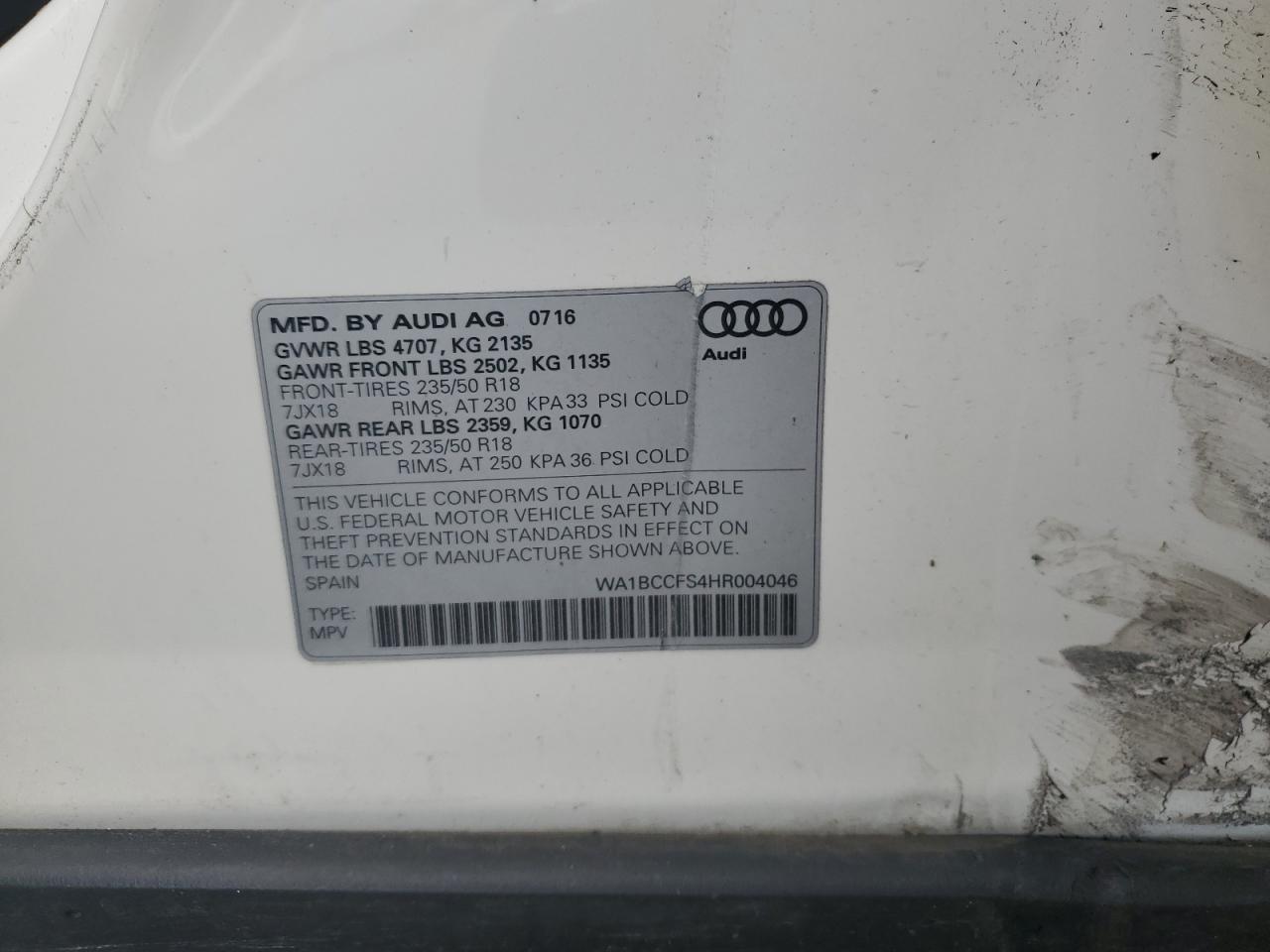 2017 Audi Q3 Premium VIN: WA1BCCFS4HR004046 Lot: 71053705