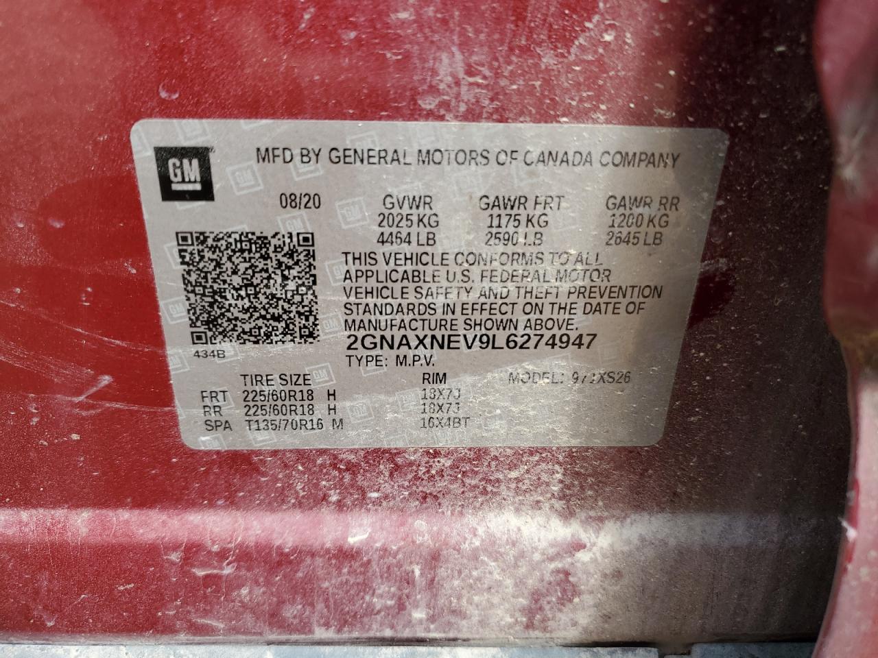 2020 Chevrolet Equinox Premier VIN: 2GNAXNEV9L6274947 Lot: 69789345
