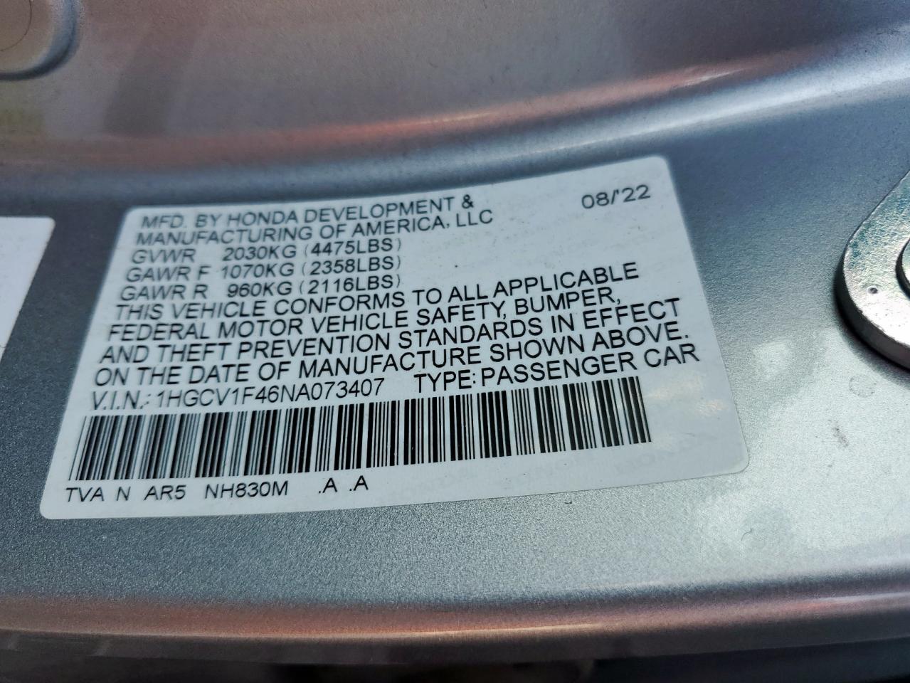 2022 Honda Accord Sport Se VIN: 1HGCV1F46NA073407 Lot: 68189025