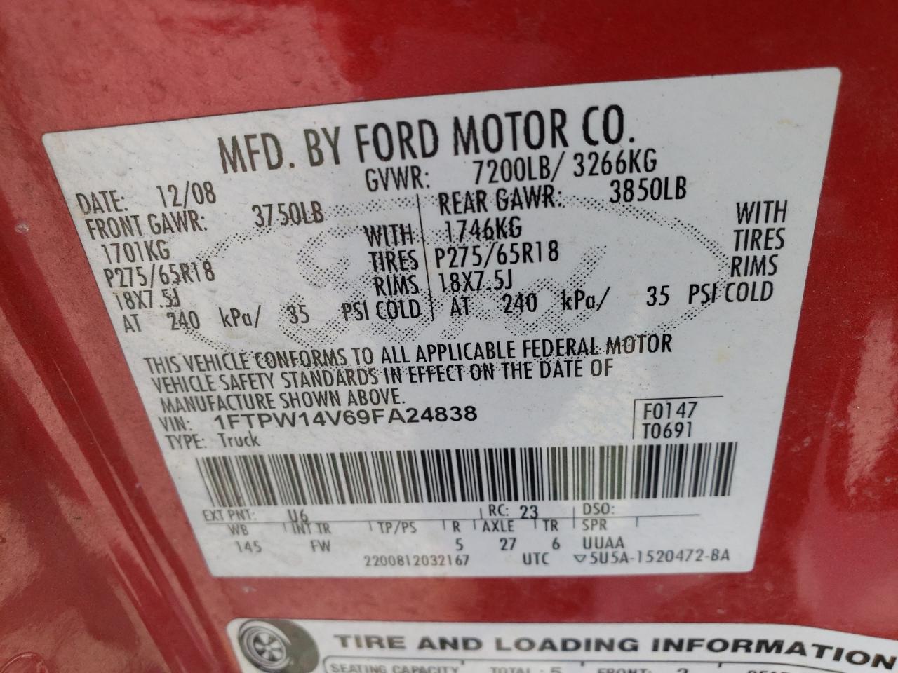 2009 Ford F150 Supercrew VIN: 1FTPW14V69FA24838 Lot: 70656125