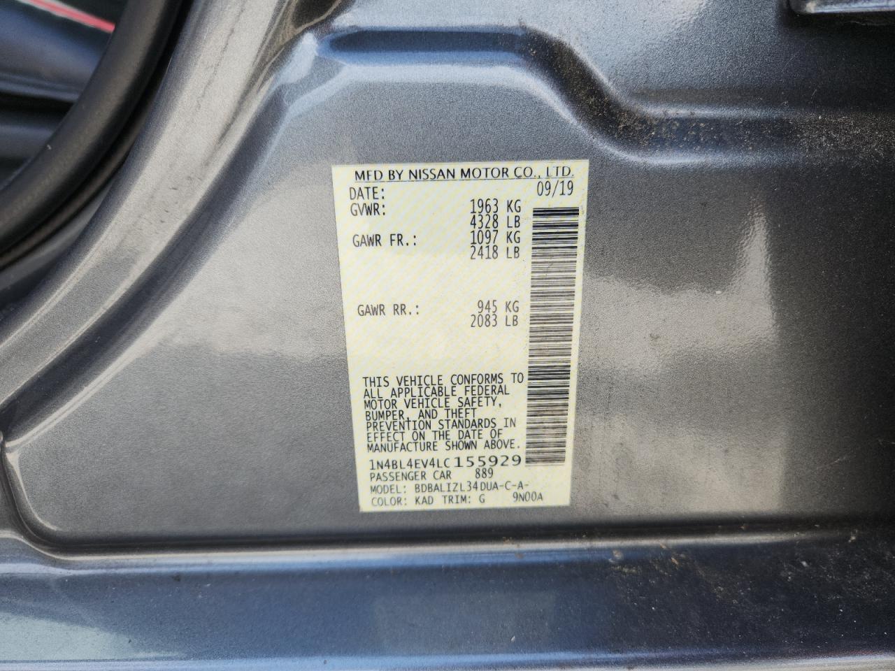 2020 Nissan Altima Sl VIN: 1N4BL4EV4LC155929 Lot: 69914795