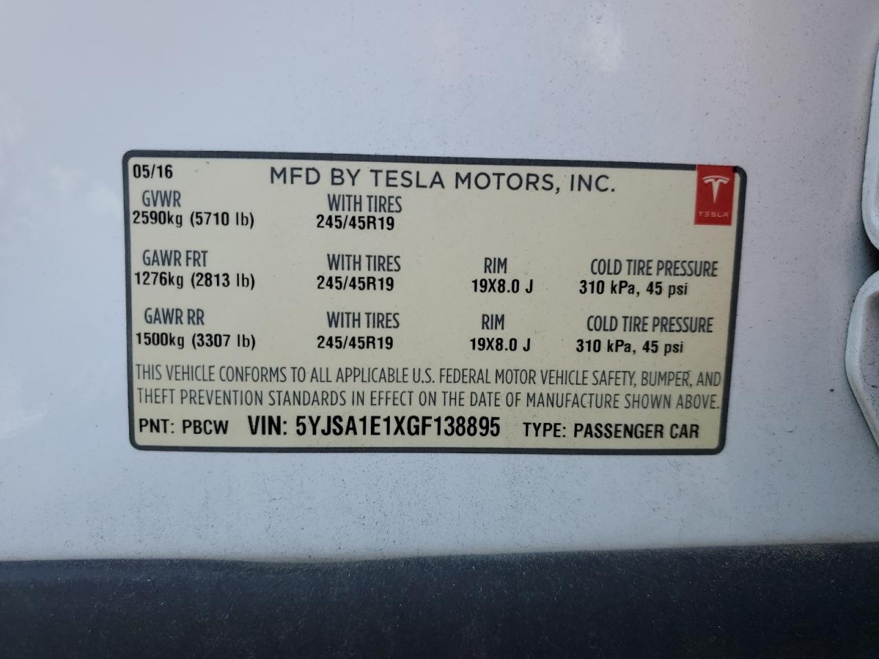 2016 Tesla Model S VIN: 5YJSA1E1XGF138895 Lot: 69698165