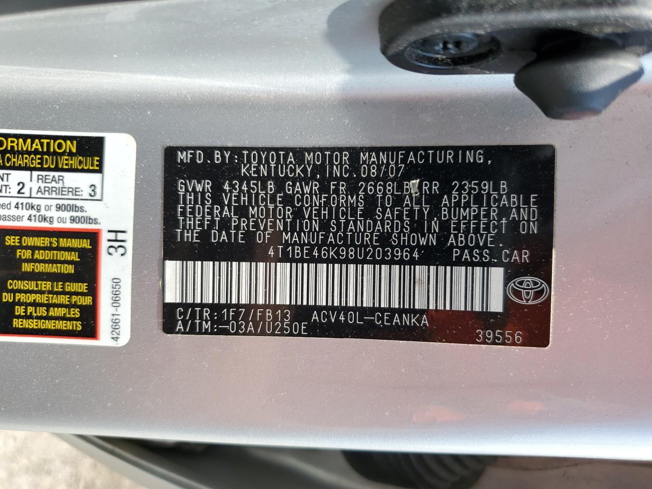 2008 Toyota Camry Ce VIN: 4T1BE46K98U203964 Lot: 68421895