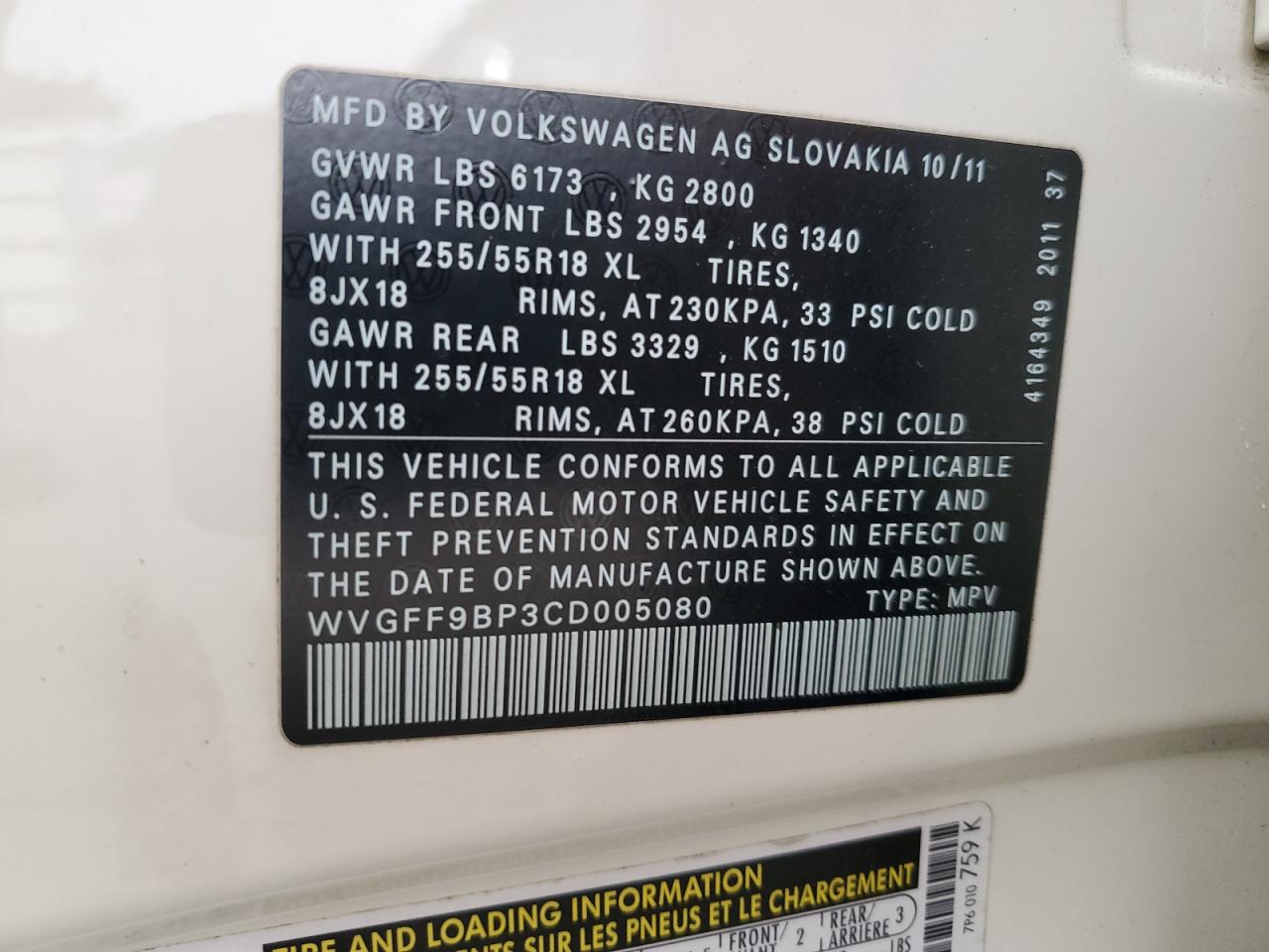 2012 Volkswagen Touareg V6 VIN: WVGFF9BP3CD005080 Lot: 67569565