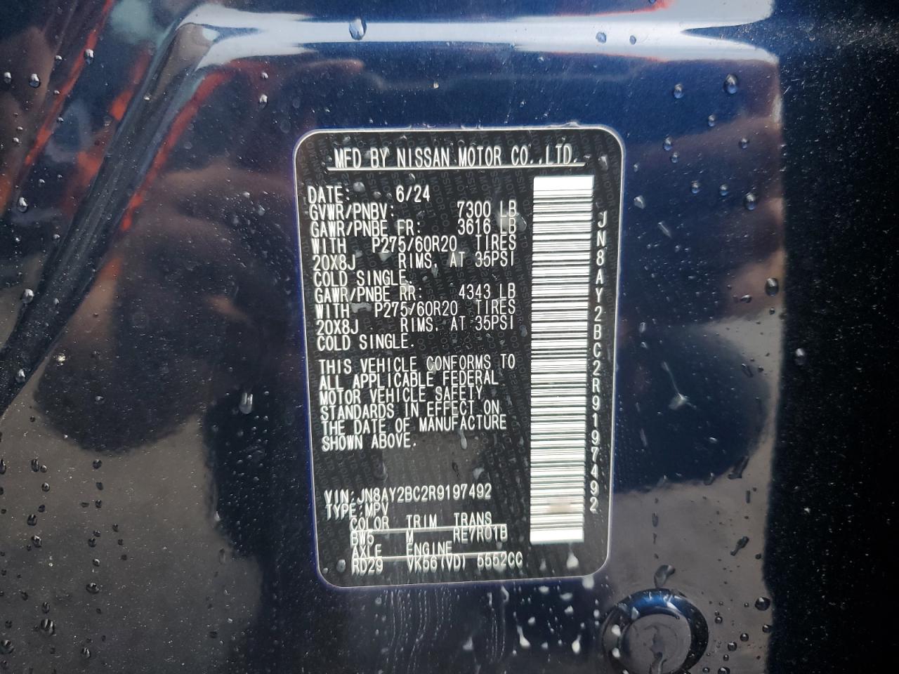 2024 Nissan Armada Sl VIN: JN8AY2BC2R9197492 Lot: 69221855