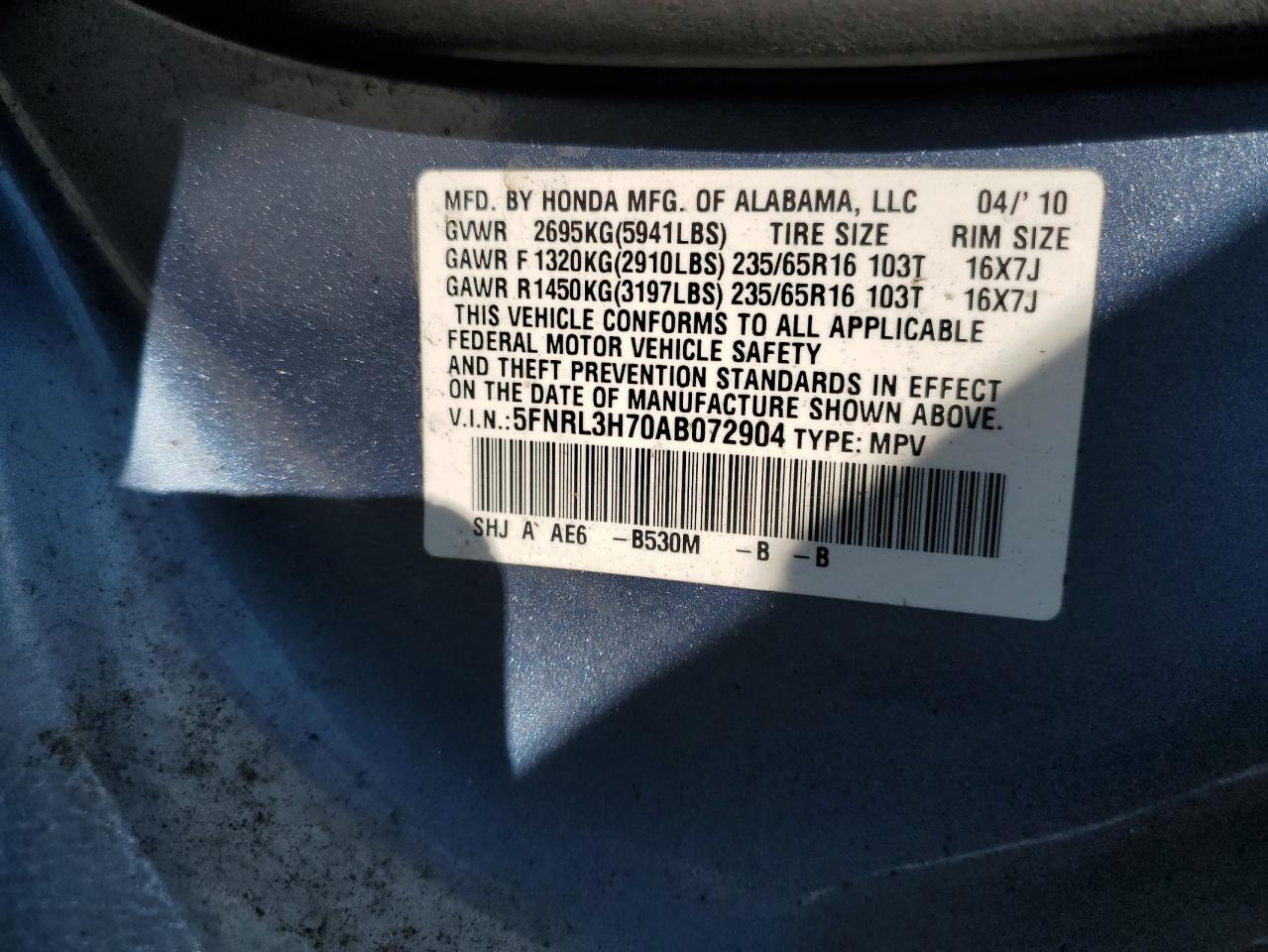 2010 Honda Odyssey Exl VIN: 5FNRL3H70AB072904 Lot: 67586935