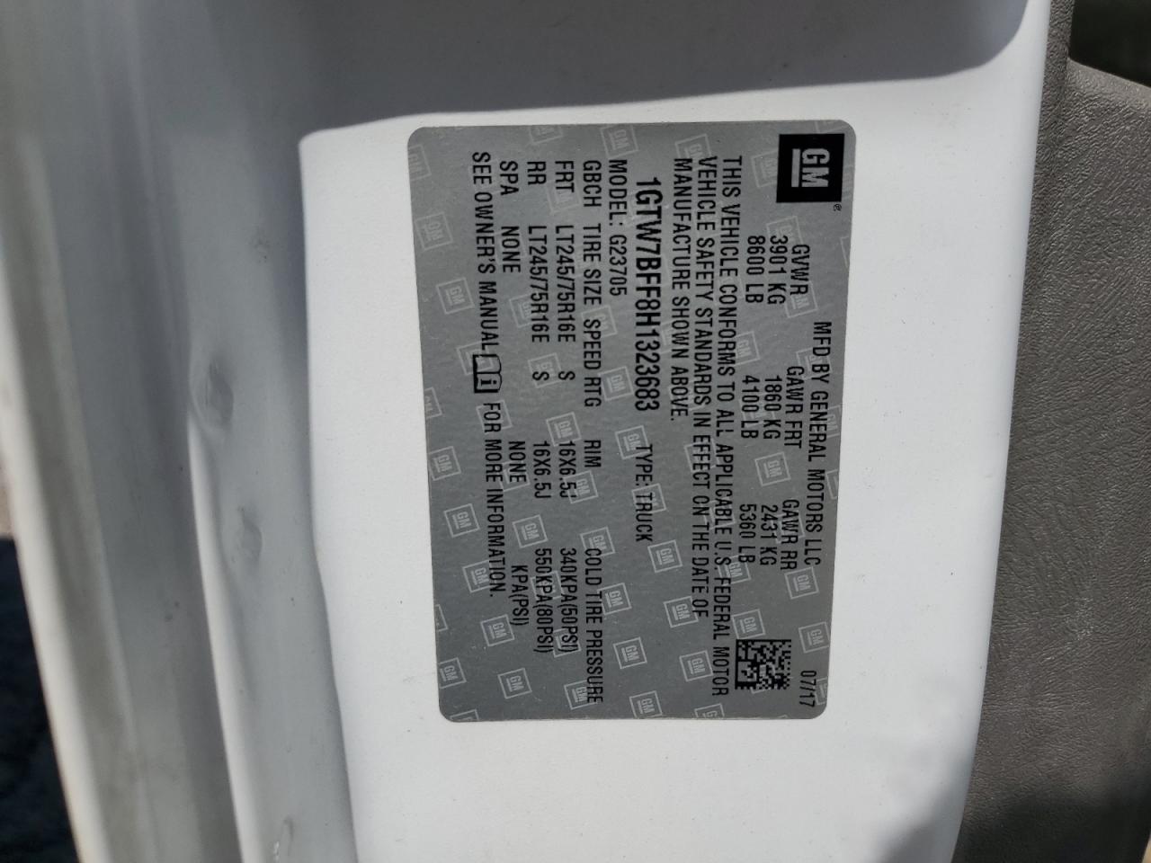 2017 GMC Savana Cargo 2500 VIN: 1GTW7AFF2H1906048 Lot: 66305075