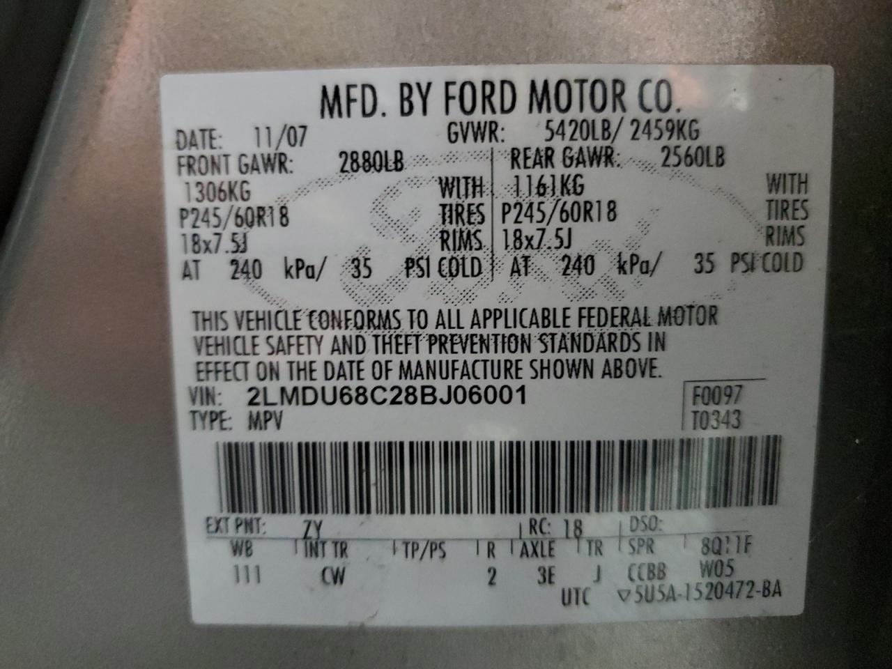 2008 Lincoln Mkx VIN: 2LMDU68C28BJ06001 Lot: 69971045