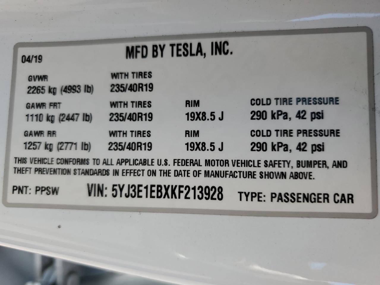 2019 Tesla Model 3 VIN: 5YJ3E1EBXKF213928 Lot: 67633505