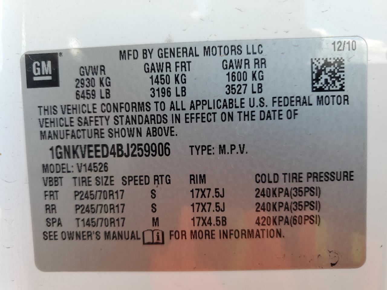 2011 Chevrolet Traverse Ls VIN: 1GNKVEED4BJ259906 Lot: 70394855