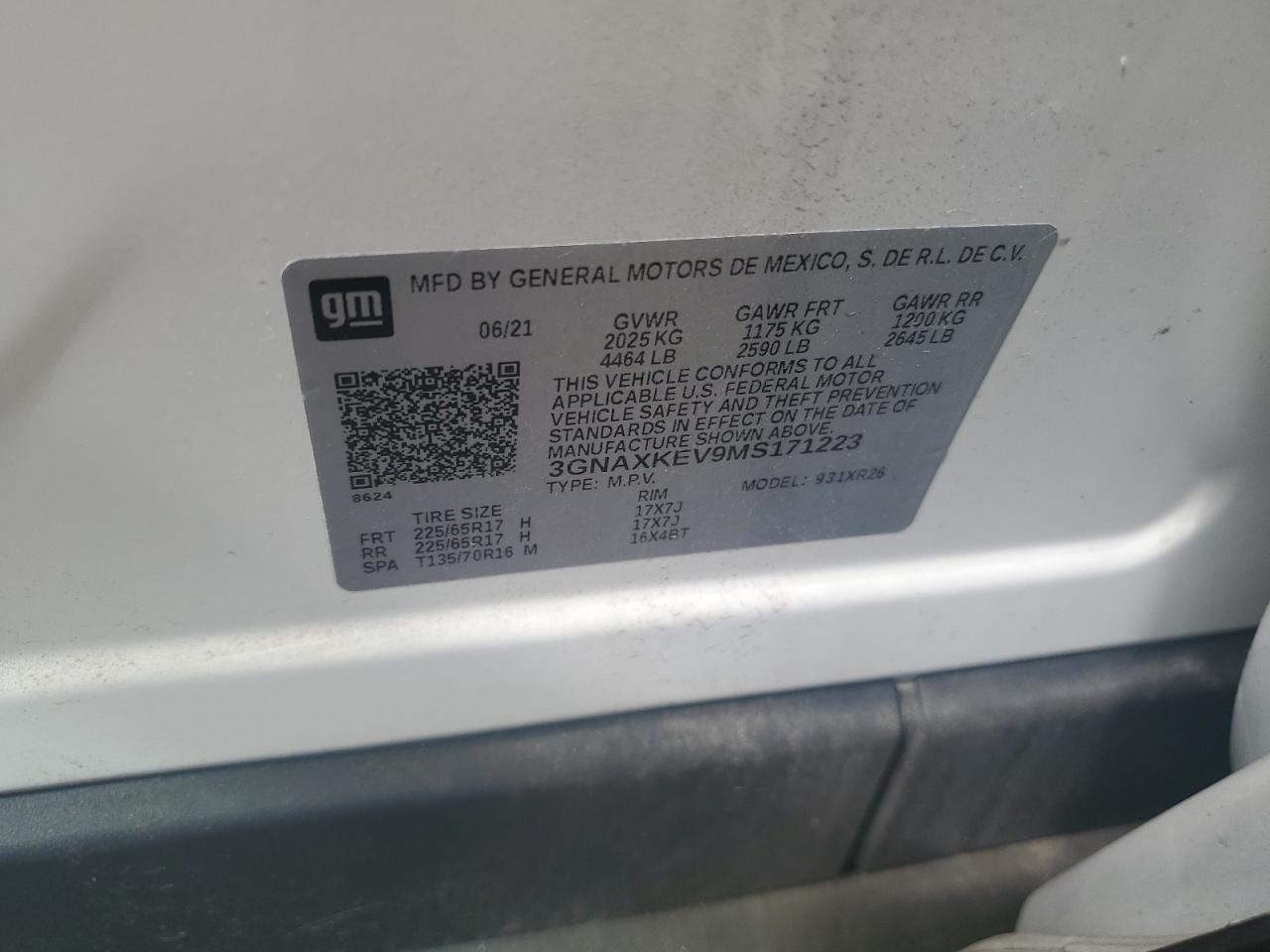 2021 Chevrolet Equinox Lt VIN: 3GNAXKEV9MS171223 Lot: 70456275