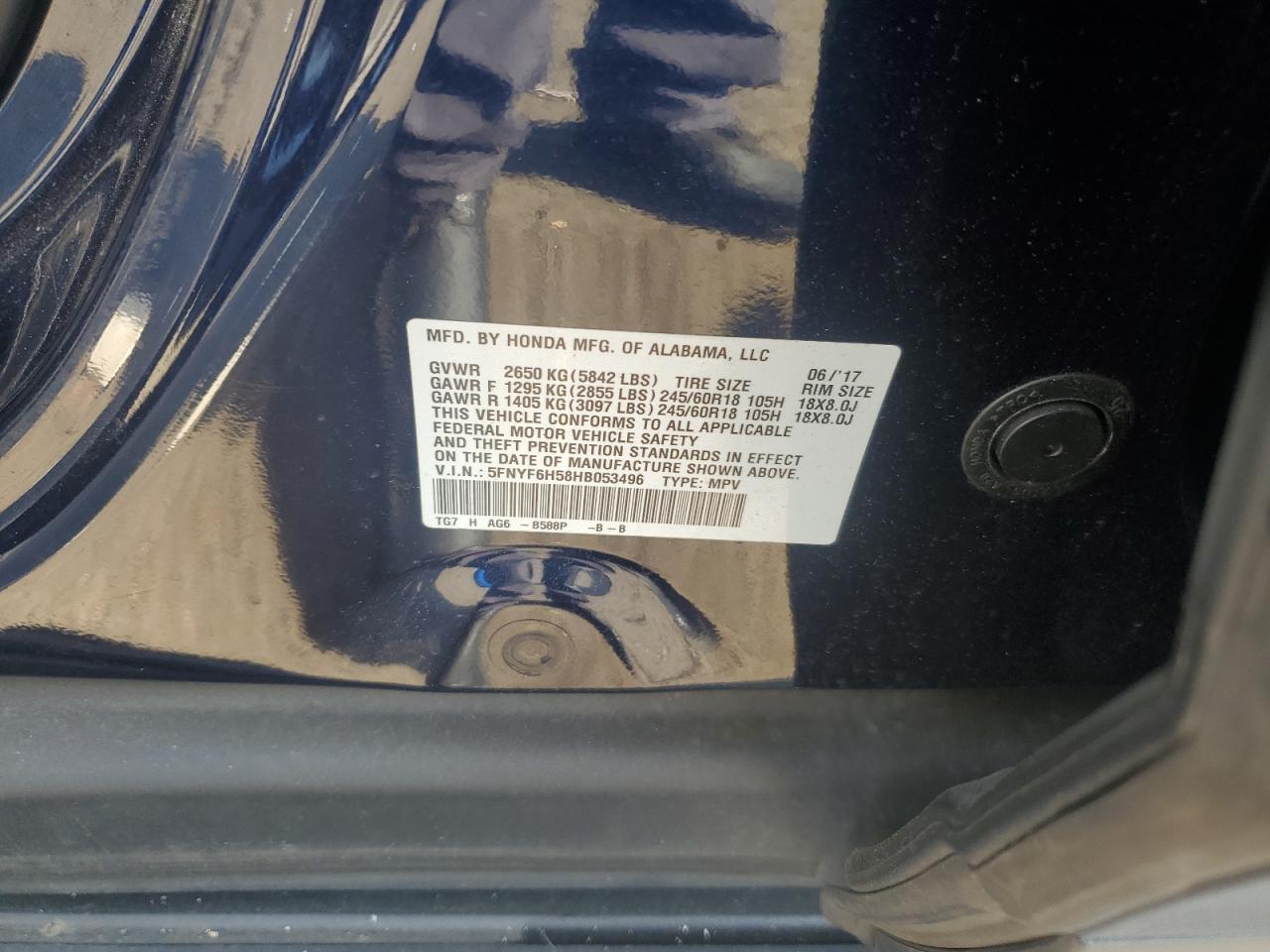 2017 Honda Pilot Exl VIN: 5FNYF6H58HB053496 Lot: 68348475