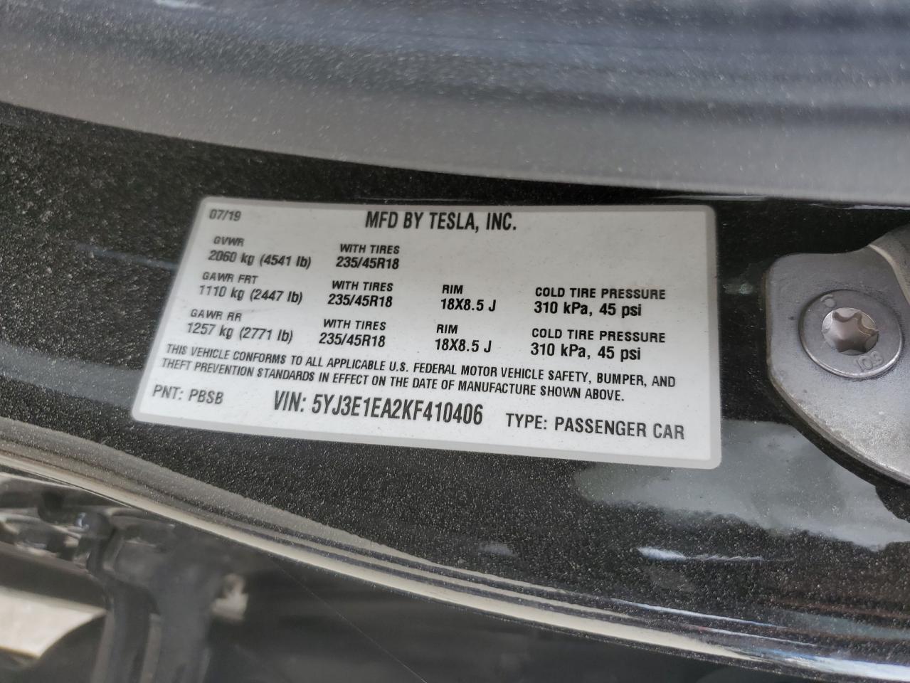 2019 Tesla Model 3 VIN: 5YJ3E1EA2KF410406 Lot: 69843435