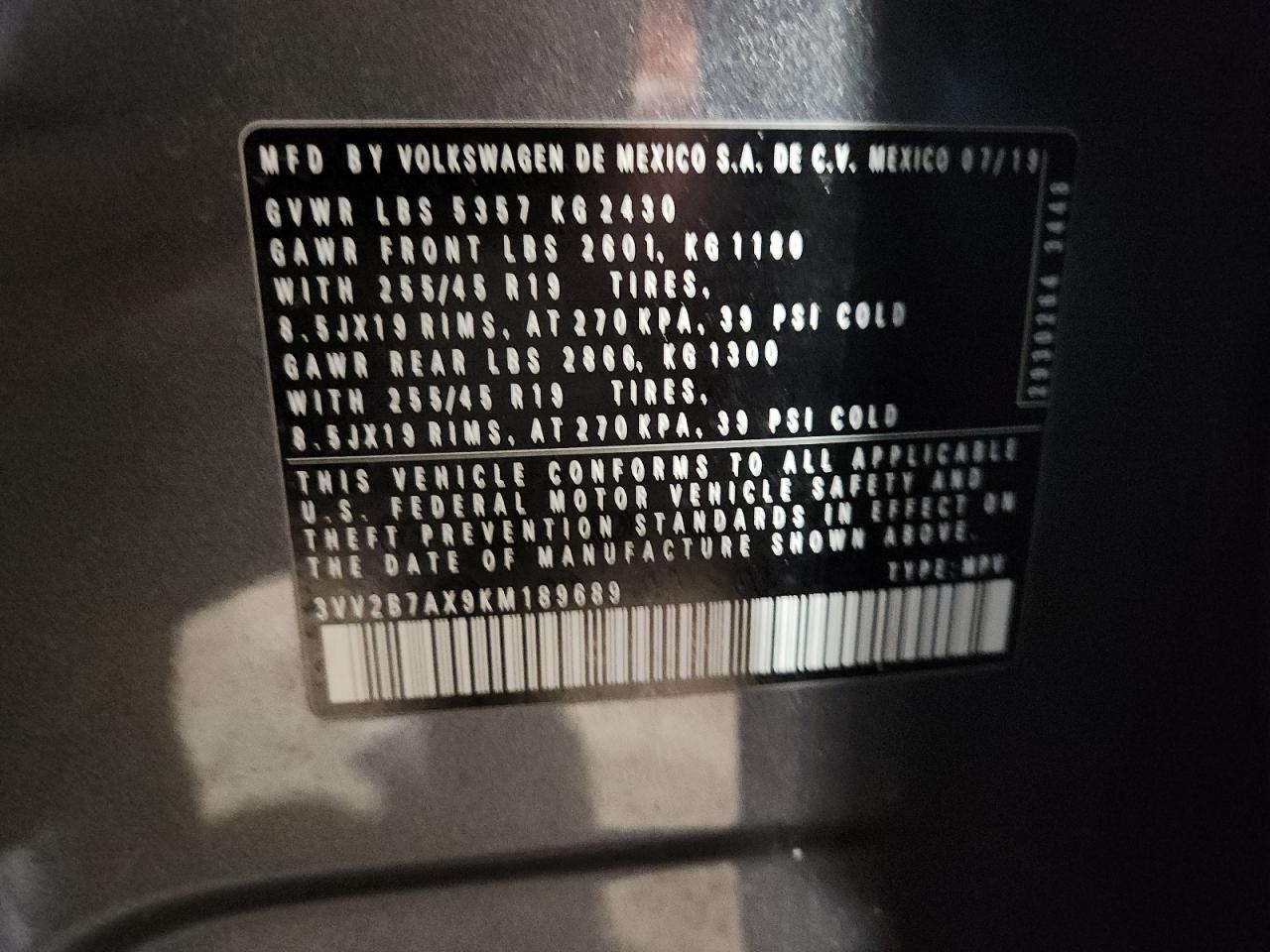 2019 Volkswagen Tiguan Se VIN: 3VV2B7AX9KM189689 Lot: 66519155