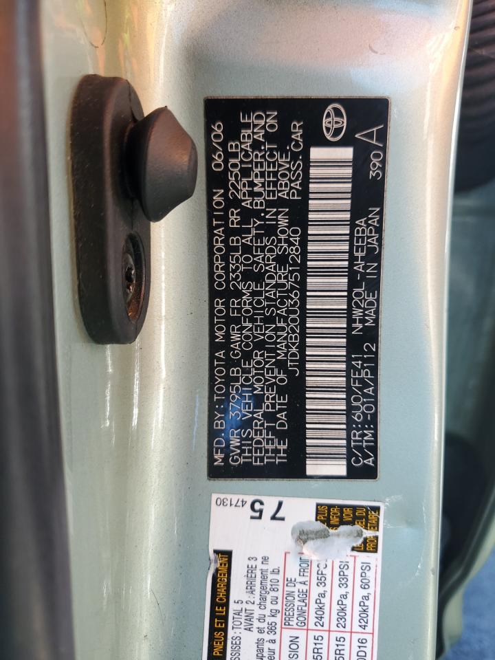 2006 Toyota Prius VIN: JTDKB20U367512840 Lot: 68218765