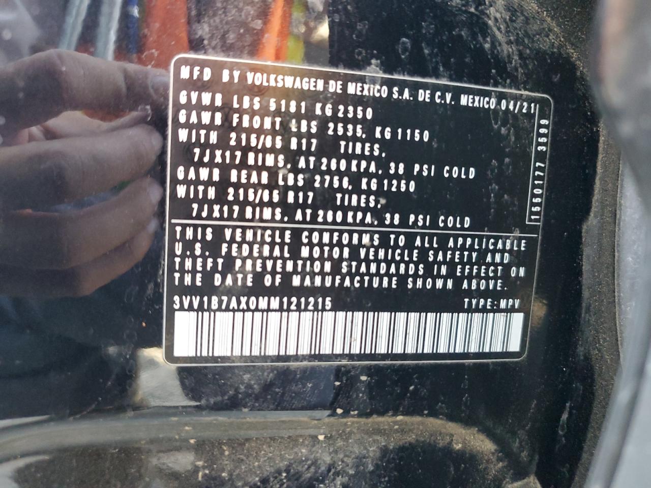 2021 Volkswagen Tiguan S VIN: 3VV1B7AX0MM121215 Lot: 67323425