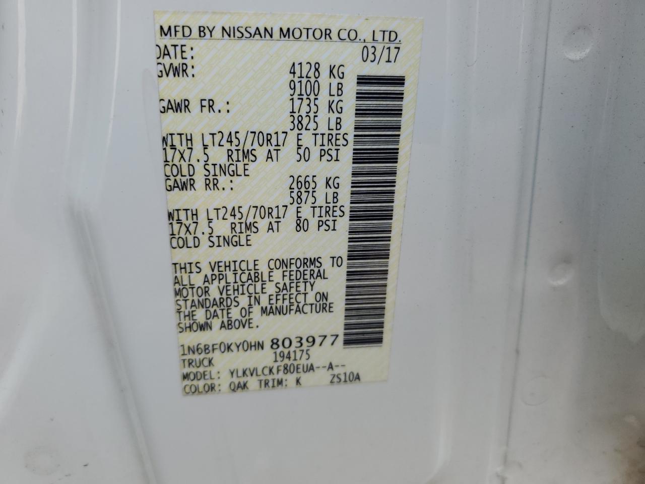 2017 Nissan Nv 1500 S VIN: 1N6BF0KY0HN803977 Lot: 67393005