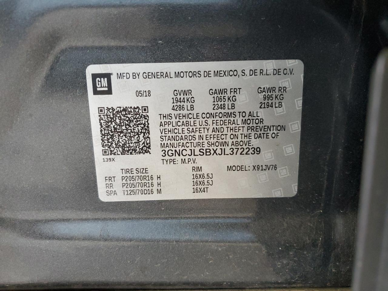 2018 Chevrolet Trax 1Lt VIN: 3GNCJLSBXJL372239 Lot: 67909225