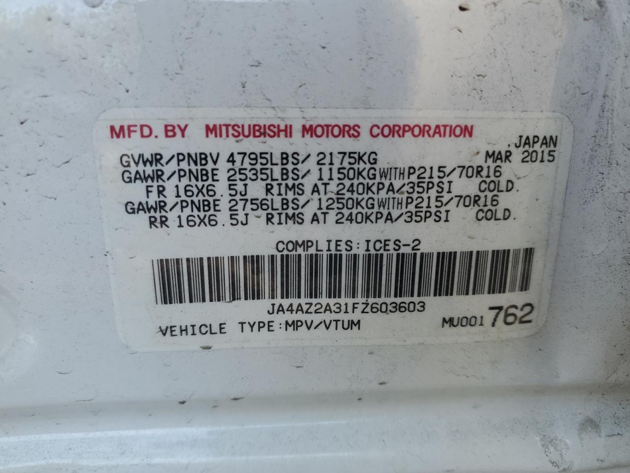 2015 Mitsubishi Outlander Es VIN: JA4AZ2A31FZ603603 Lot: 69645395