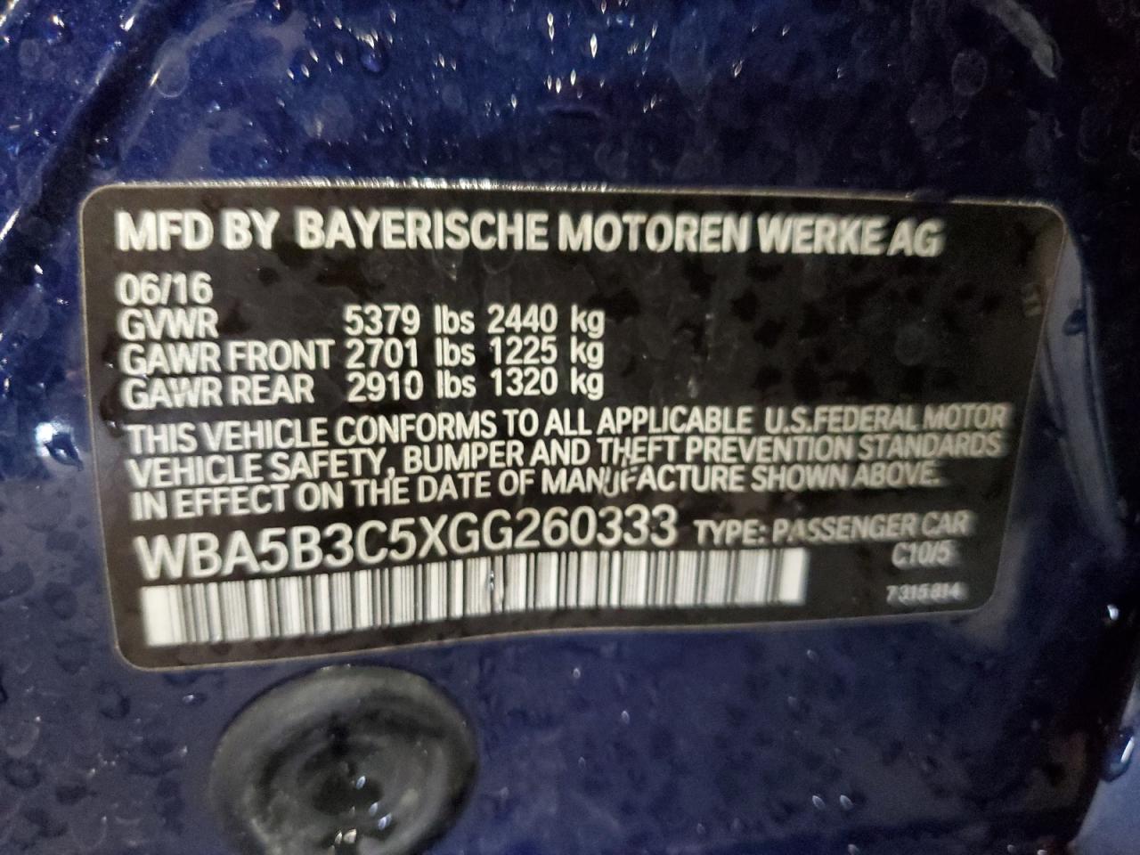 2016 BMW 535 Xi VIN: WBA5B3C5XGG260333 Lot: 67470365