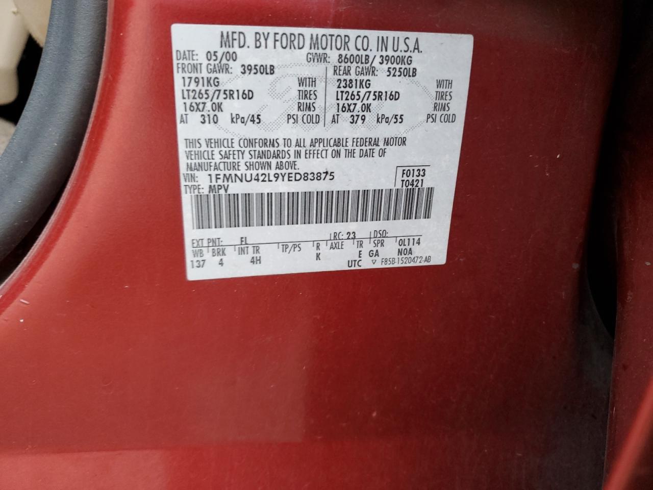 2000 Ford Excursion Limited VIN: 1FMNU42L9YED83875 Lot: 67750935