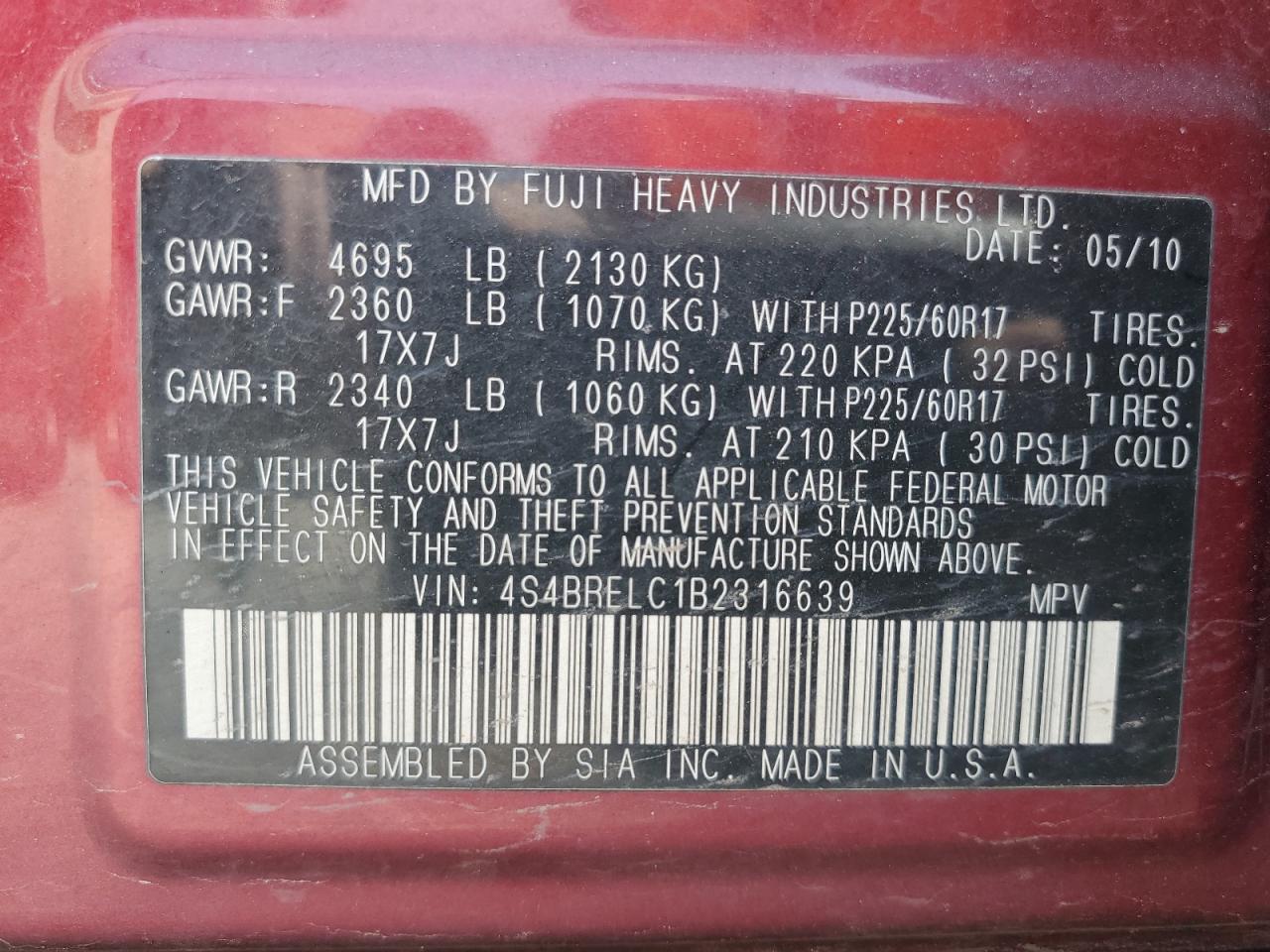 2011 Subaru Outback 3.6R Limited VIN: 4S4BRELC1B2316639 Lot: 68697845