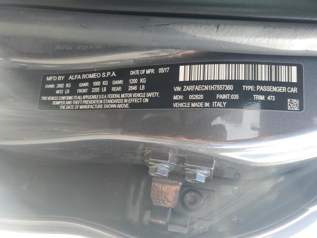2017 Alfa Romeo Giulia Ti VIN: ZARFAECN1H7557360 Lot: 66732875
