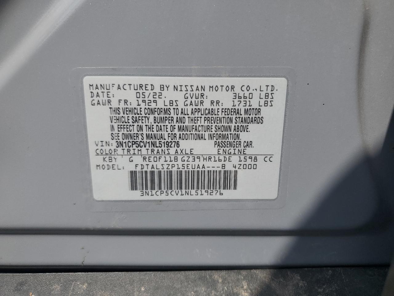 2022 Nissan Kicks Sv VIN: 3N1CP5CV1NL519276 Lot: 65222765