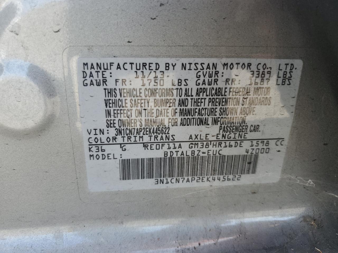 2014 Nissan Versa S VIN: 3N1CN7AP2EK445622 Lot: 70178485