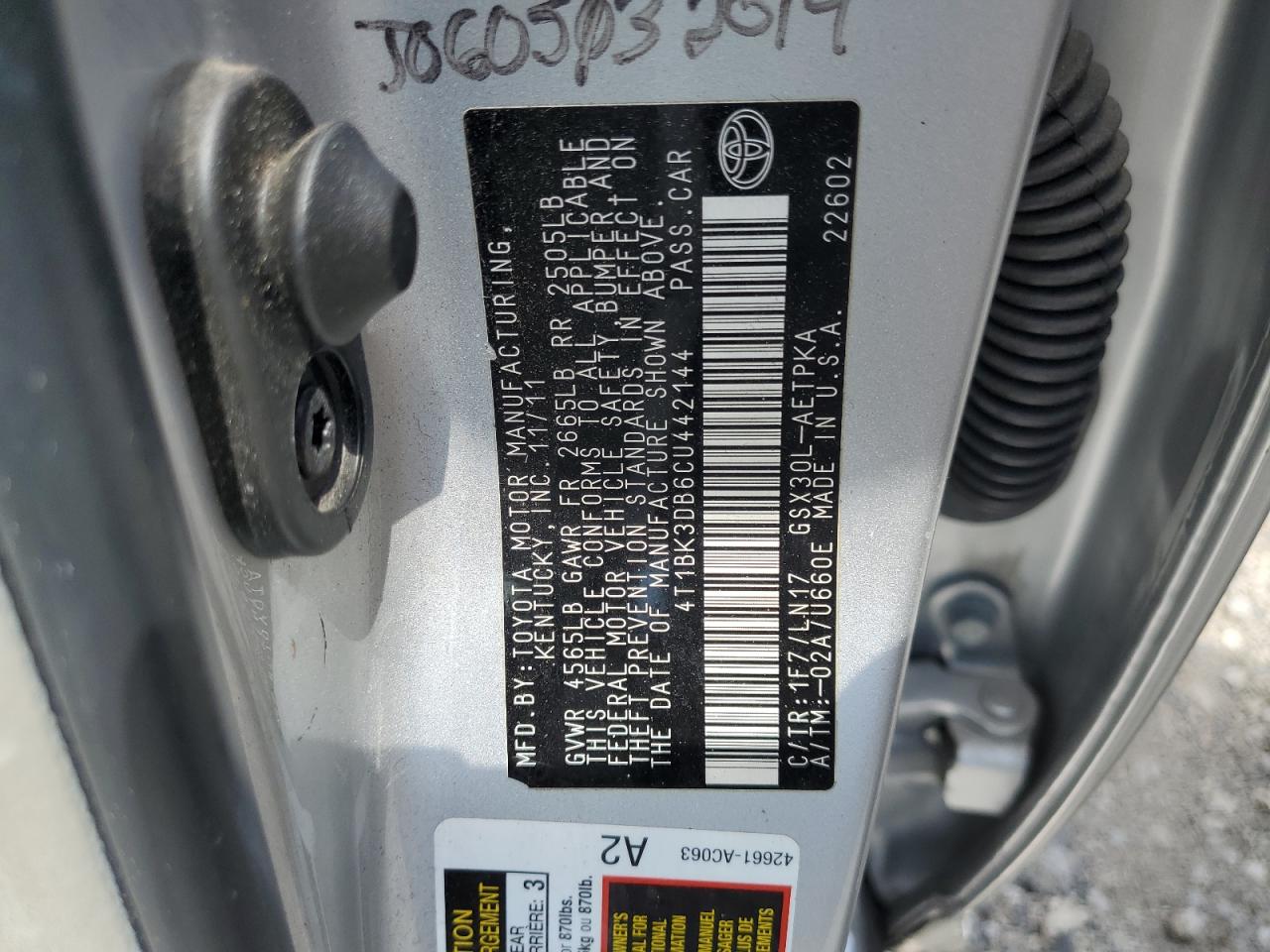 2012 Toyota Avalon Base VIN: 4T1BK3DB6CU442144 Lot: 70190835