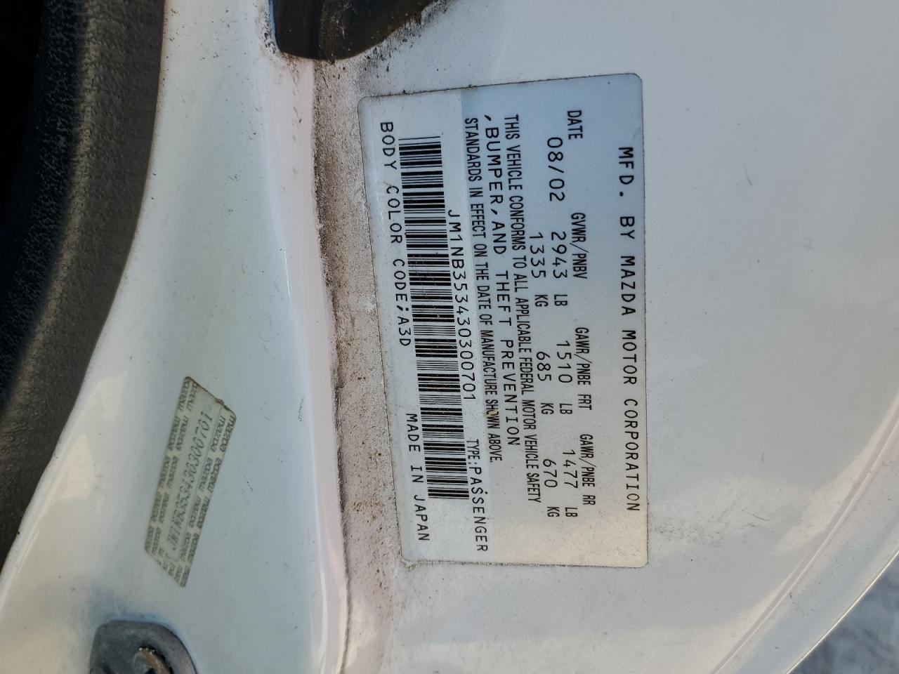 2003 Mazda Mx-5 Miata Base VIN: JM1NB353430300701 Lot: 70308155