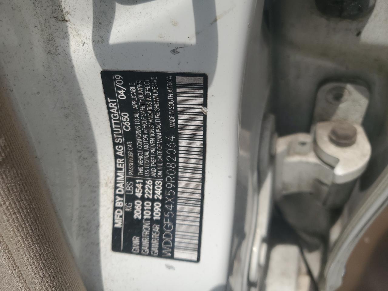 2009 Mercedes-Benz C 300 VIN: WDDGF54X59R082064 Lot: 66906365