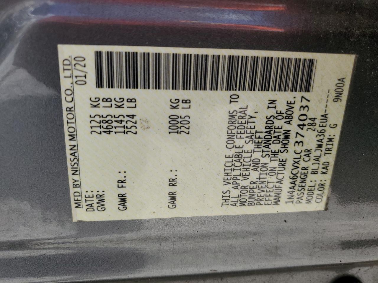 2020 Nissan Maxima Sv VIN: 1N4AA6CVXLC374037 Lot: 69274975