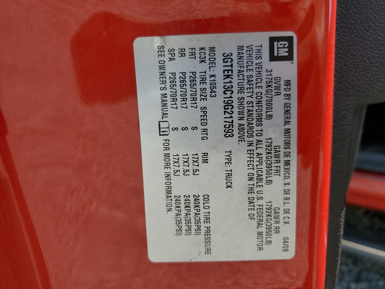 2009 GMC Sierra K1500 VIN: 3GTEK13C19G217593 Lot: 67382395