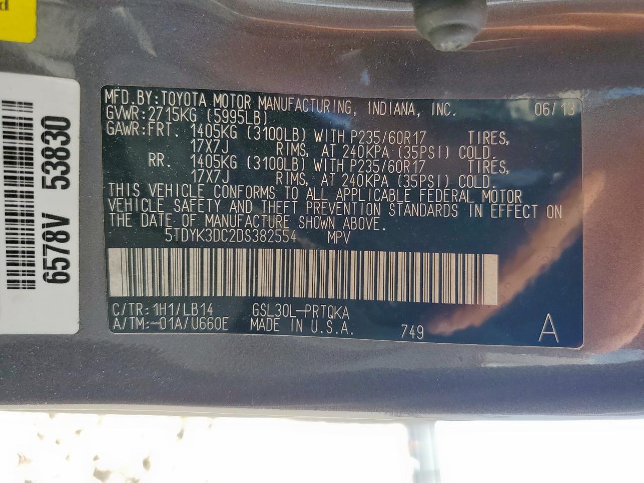 2013 Toyota Sienna Xle VIN: 5TDYK3DC2DS382554 Lot: 69782335