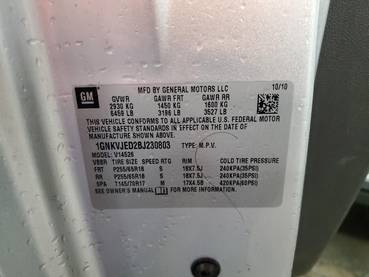 2011 Chevrolet Traverse Lt VIN: 1GNKVJED2BJ230803 Lot: 69835825