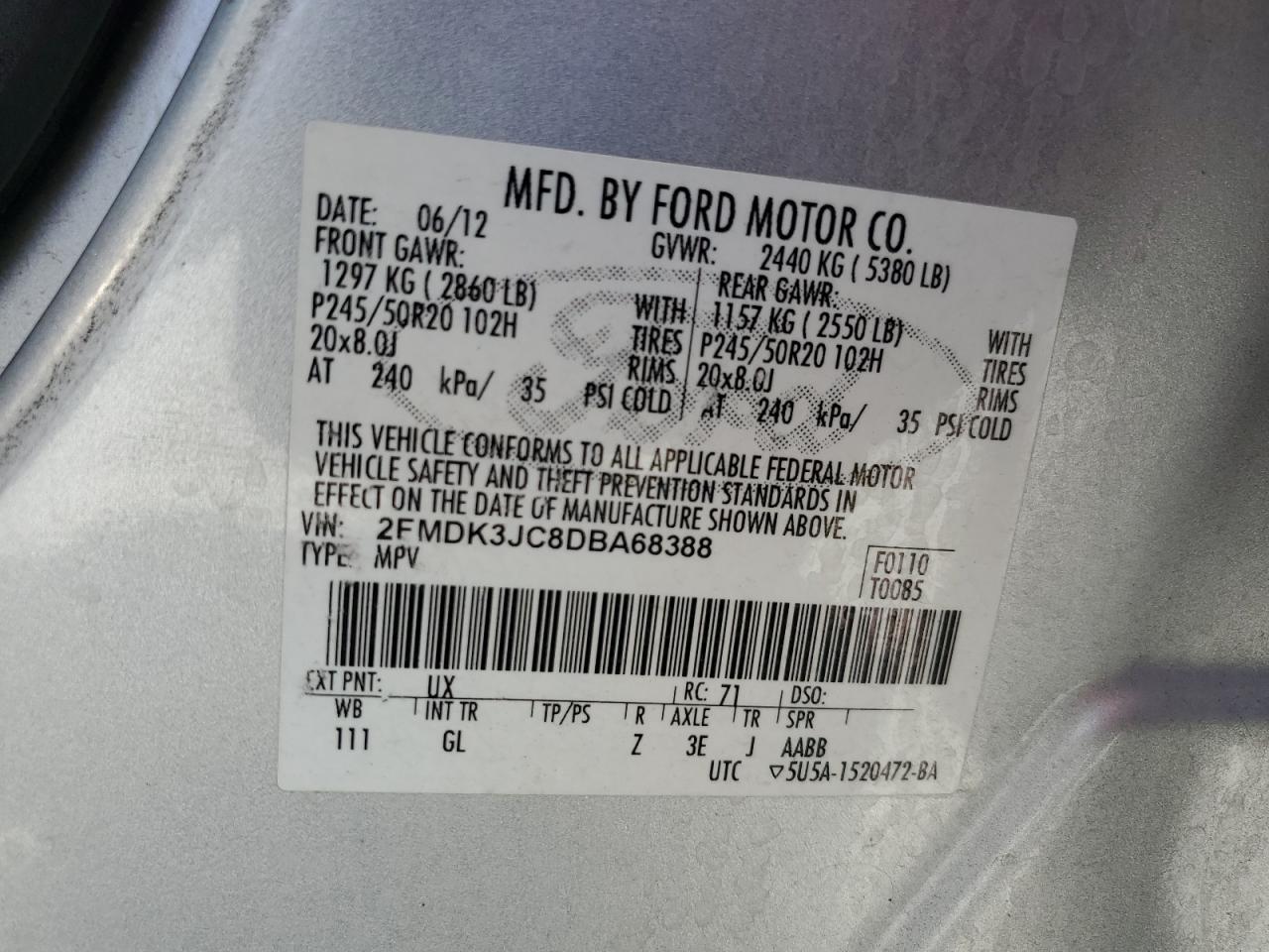 2013 Ford Edge Sel VIN: 2FMDK3JC8DBA68388 Lot: 67171865