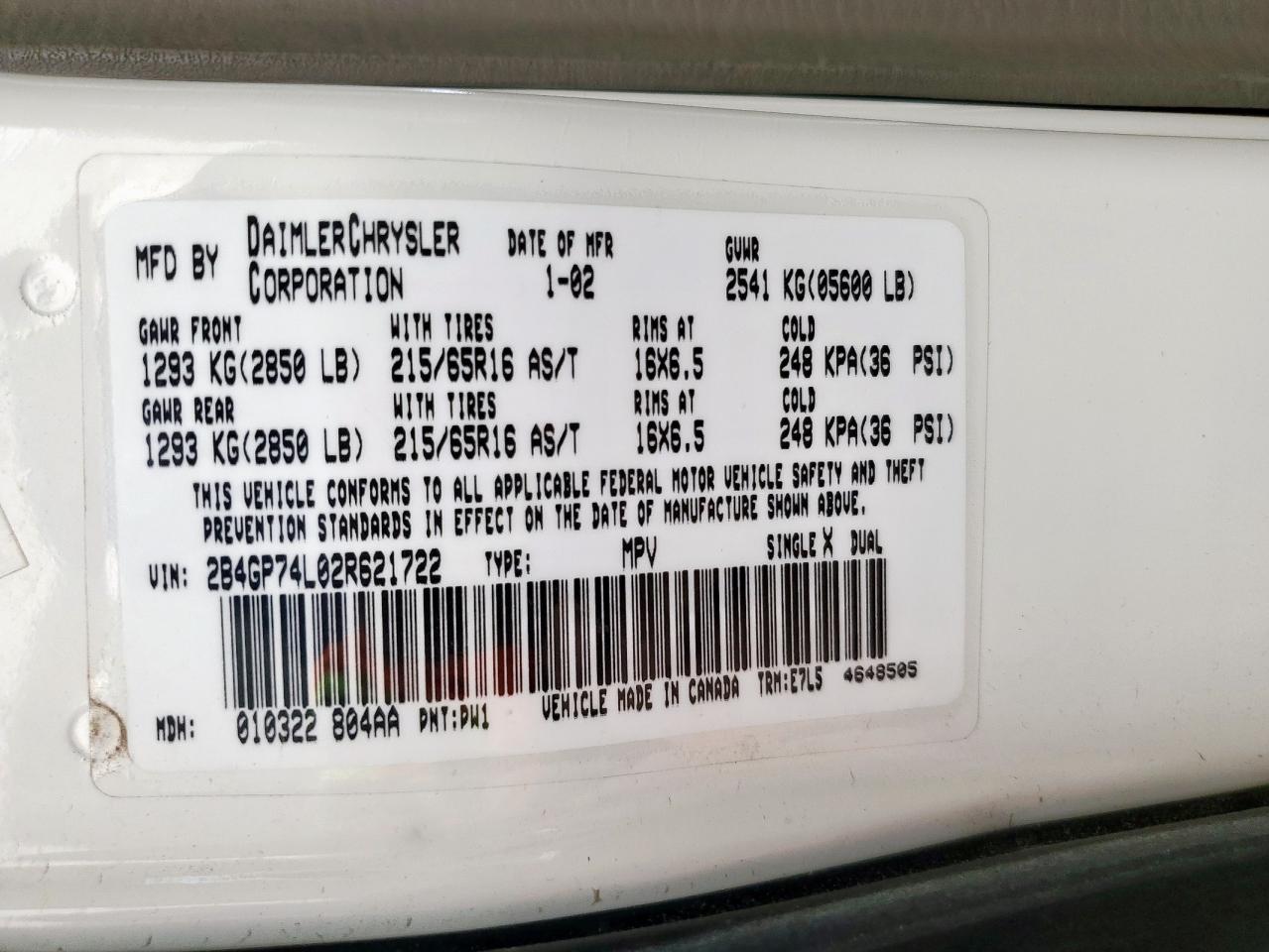 2002 Dodge Grand Caravan Ex VIN: 2B4GP74L02R621722 Lot: 68510495